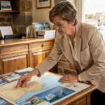 Agente de voyage locale à Hendaye consultant une carte nautique pour planifier une croisière au départ du port basque