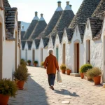 Ruelle pavée d'Alberobello avec des trulli en automne et une femme se promenant au calme dans les Pouilles