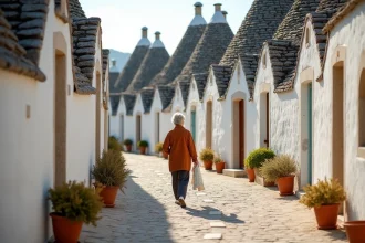 Ruelle pavée d'Alberobello avec des trulli en automne et une femme se promenant au calme dans les Pouilles