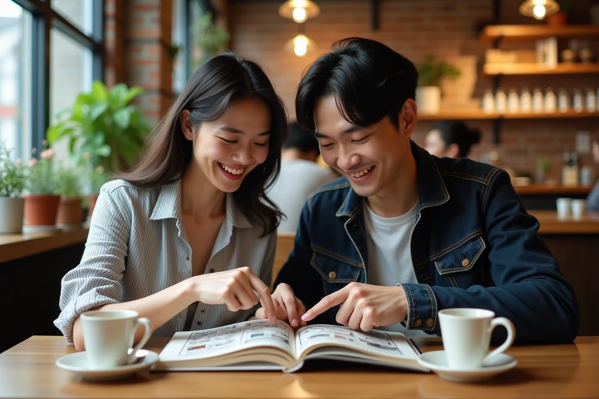 Deux amis fans de manga boylove discutant d'un tankobon dans un café urbain