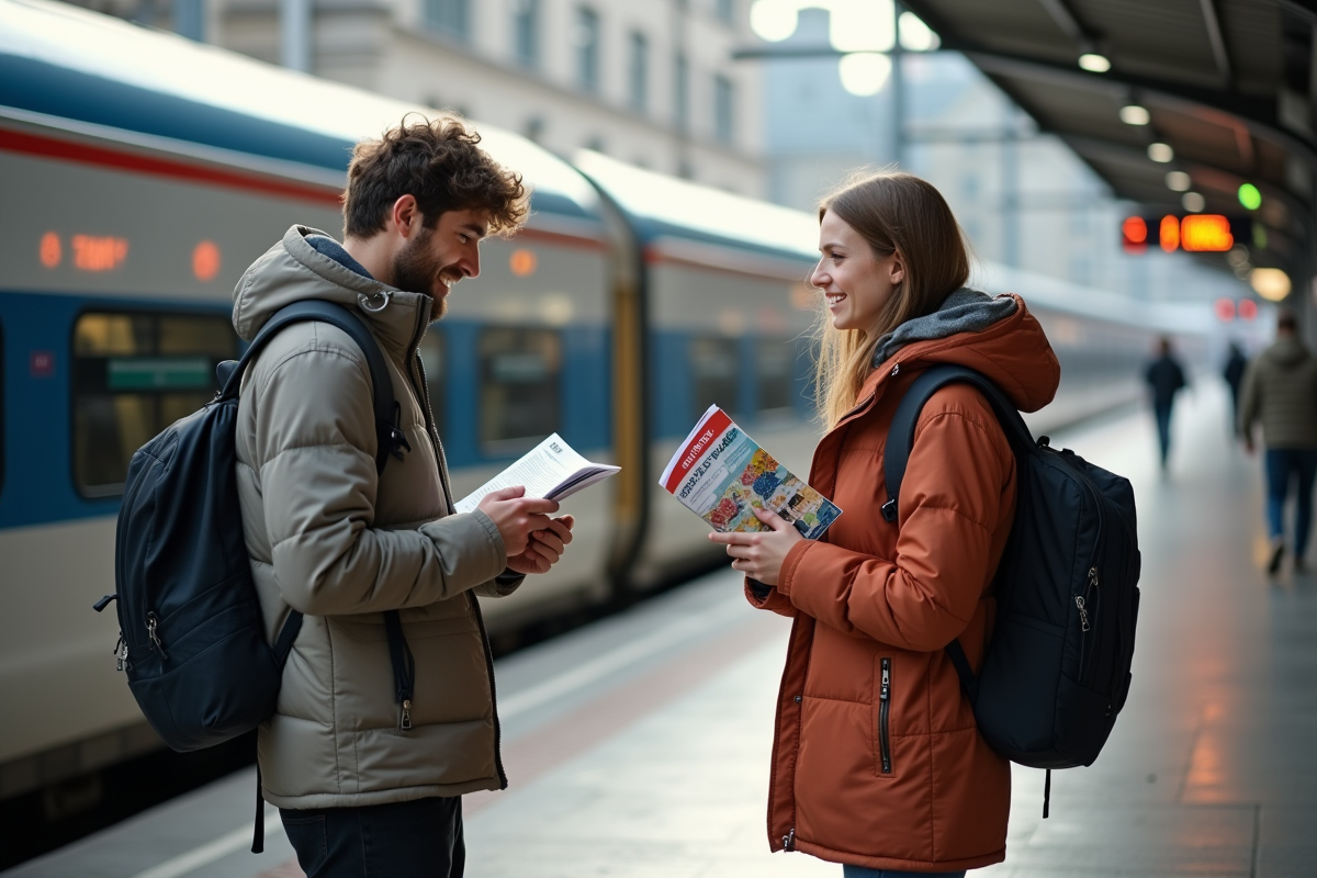 Deux amis discutant sur une plateforme de train Eurostar