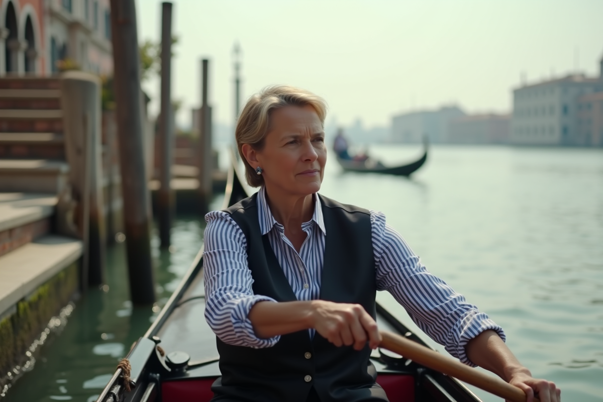 Femme gondolière en formation pratique sur quai vénitien