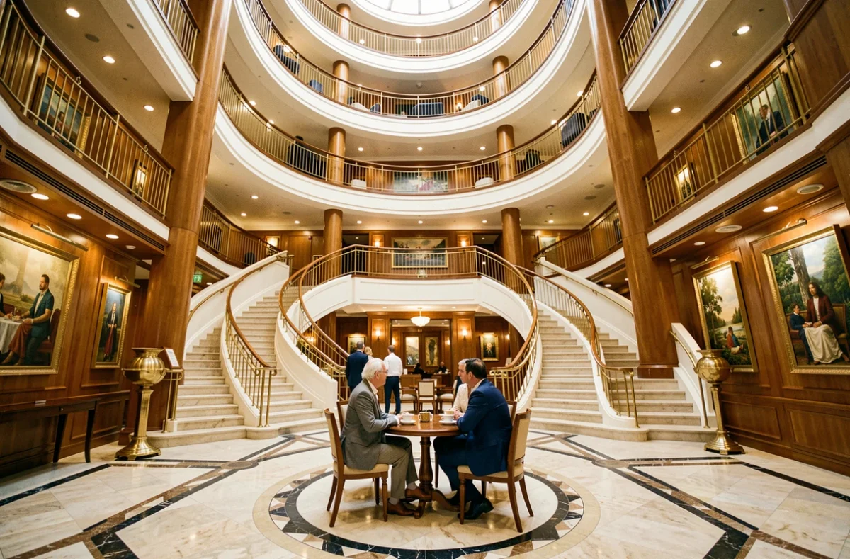 Atrium intérieur luxueux d'un paquebot de croisière MSC avec escaliers et café central
