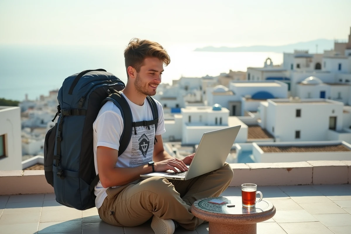 Backpacker comparant des forfaits SIM locaux sur son ordinateur depuis une terrasse avec vue sur une ville côtière marocaine