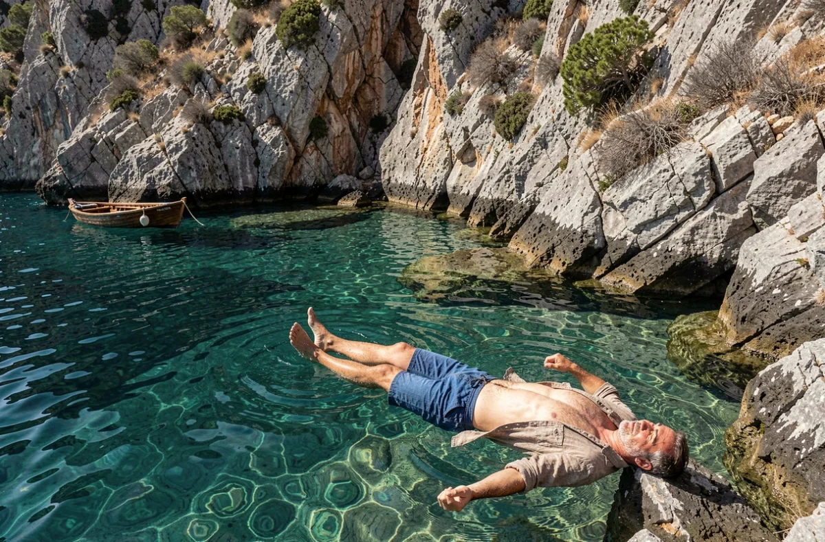 Homme se baignant dans une crique isolée aux eaux turquoise en Crète pour échapper à la canicule