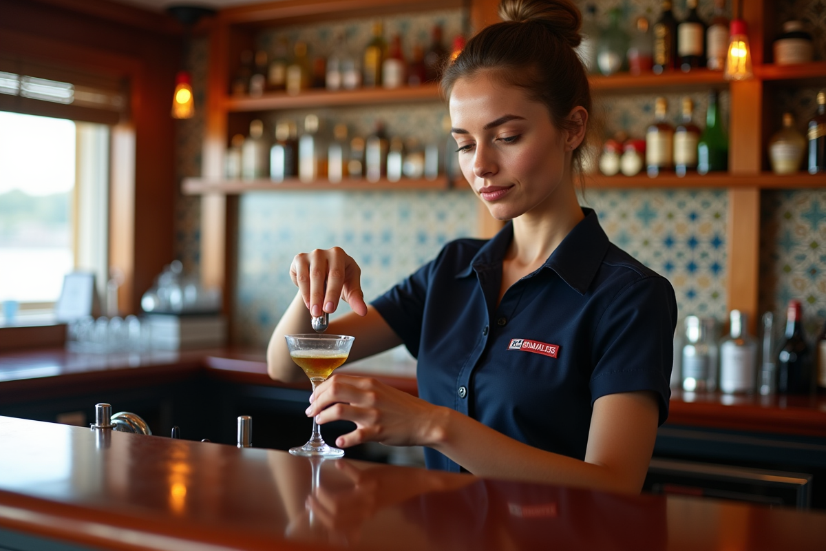 Jeune femme barman en uniforme prépare un cocktail dans la lounge