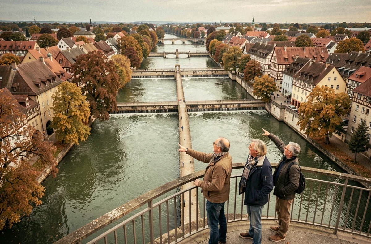 Groupe de touristes sur la terrasse du Barrage Vauban contemplant la vue panoramique sur les canaux et les toits de la Petite France à Strasbourg en automne