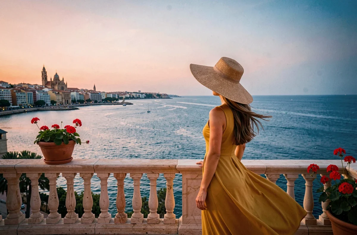 Femme contemplant la baie de Palma de Majorque depuis un belvédère panoramique au coucher du soleil