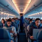Intérieur de cabine d'avion long-courrier sur un vol Paris Hong Kong avec passagers et hôtesse de l'air