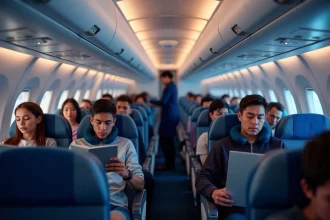Intérieur de cabine d'avion long-courrier sur un vol Paris Hong Kong avec passagers et hôtesse de l'air