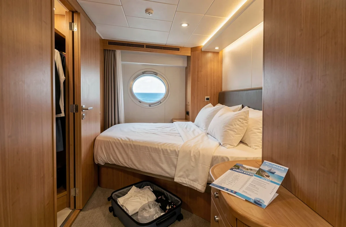 Cabine standard d'un bateau de croisière en Grèce avec hublot vue mer et bagages de voyageurs