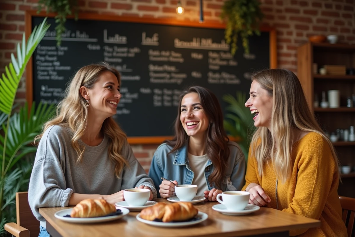 Groupe d amis dégustant un brunch dans un café lyonnais