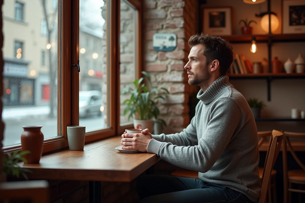 Homme dans un café cosy de Ljubljana en hiver, tenant une tasse de chocolat chaud près d'une fenêtre embuée