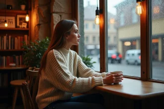 Femme savourant un café chaud dans un salon cosy de Tubingue sous la pluie, assise près d'une fenêtre embuée avec vue sur les pavés mouillés
