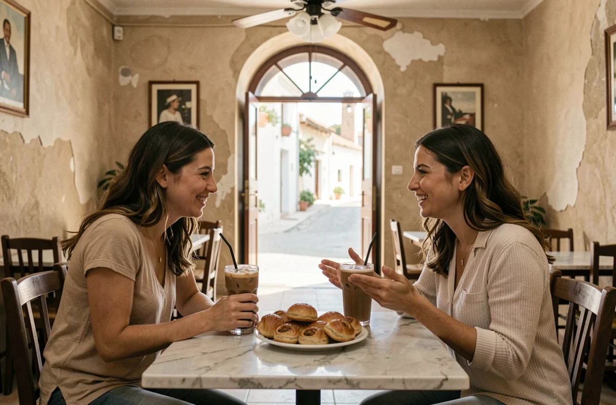 Deux femmes se rafraîchissant dans un café traditionnel crétois à l'intérieur pendant la chaleur estivale