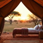 Tente de luxe dans un camp de safari au Parc du Serengeti avec vue sur la savane et les acacias