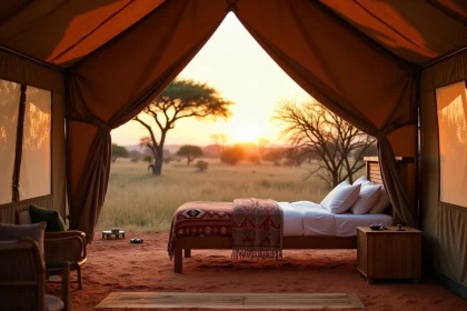 Tente de luxe dans un camp de safari au Parc du Serengeti avec vue sur la savane et les acacias