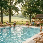 Vue panoramique d'un camping avec piscine en plein air entouré d'arbres et de prairies verdoyantes en Centre-Val de Loire