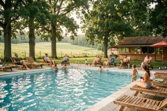 Vue panoramique d'un camping avec piscine en plein air entouré d'arbres et de prairies verdoyantes en Centre-Val de Loire