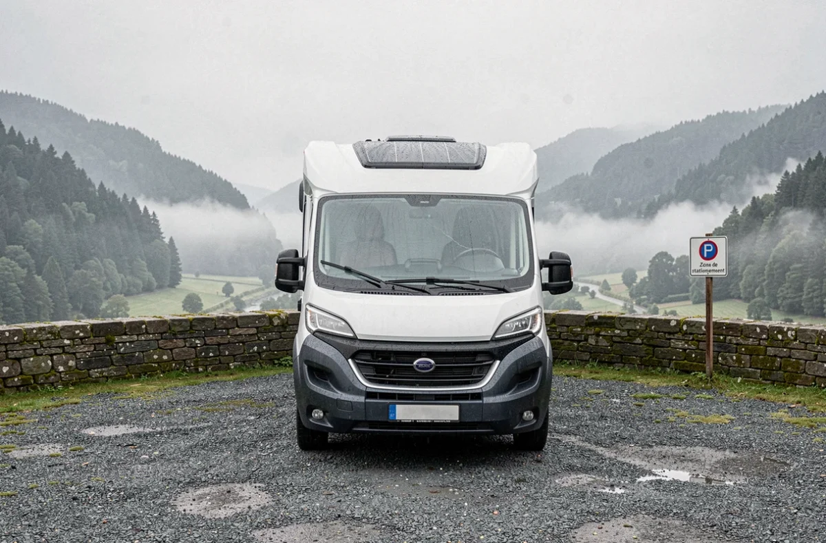 Camping-car stationné sur une aire avec vue sur la vallée du Hérisson dans le Jura par temps brumeux