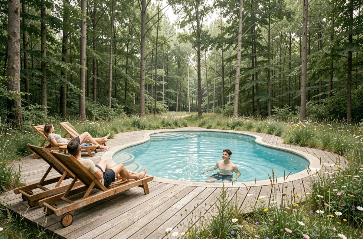 Piscine naturaliste en bois avec décor forestier et prairie fleurie au camping Huttopia Les Châteaux dans le Val de Loire