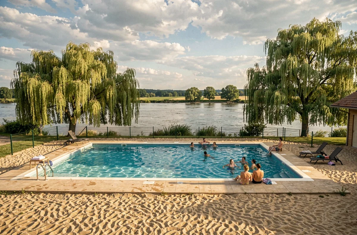 Piscine extérieure avec terrasse sablée et vue sur la rivière Allier au Camping de l'Île d'Or