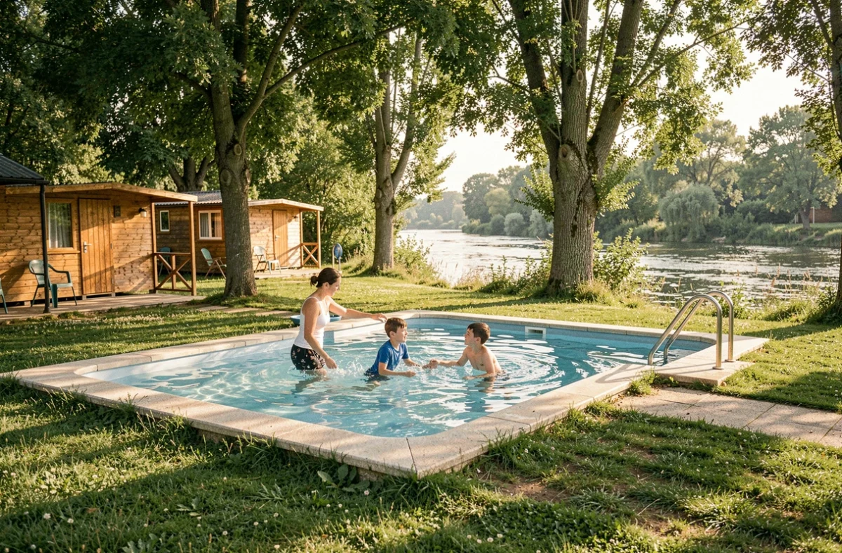 Petite piscine familiale rectangulaire entourée de peupliers en bord de rivière au Camping Le Sabot dans la région Vendôme
