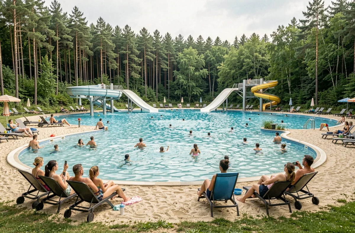 Grande piscine en forme de lagon avec toboggans aquatiques et plage de sable au camping Les Alicourts Resort dans la Sologne