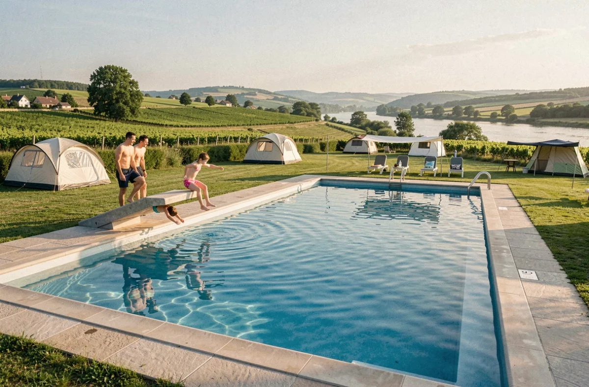Piscine rectangulaire avec vue sur les coteaux du Val de Loire et les vignes au camping Parc du Val de Loire