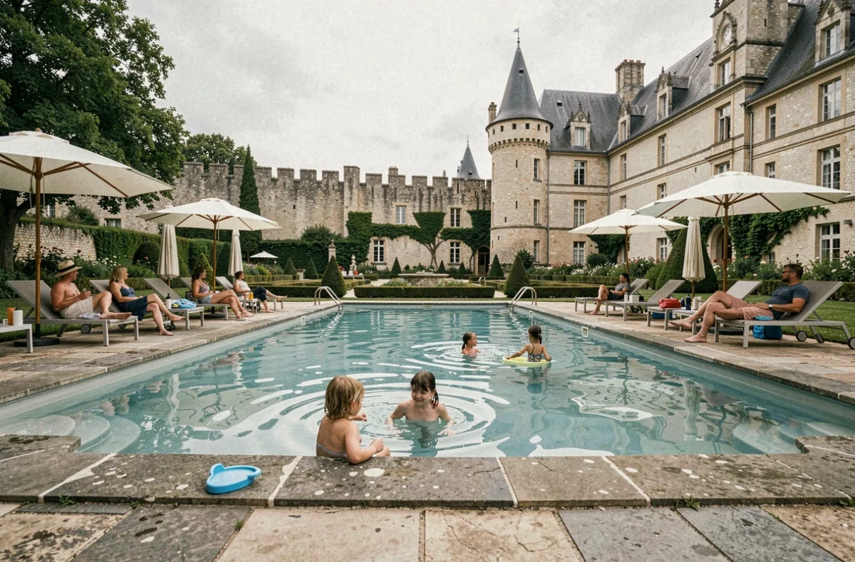 Piscine extérieure avec vue sur un château historique et jardins à la française au Camping Sandaya Château des Marais