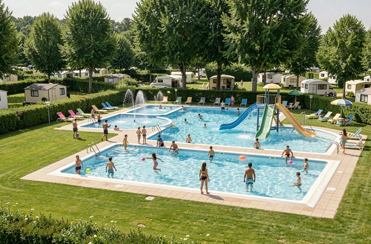 Parc aquatique animé avec toboggans et jets d'eau au Camping Yelloh! Village Le Parc des Allais dans le Berry