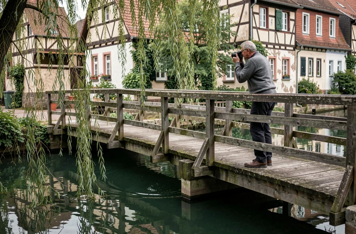 Homme photographiant le reflet de maisons à colombages dans un canal de la Petite France à Strasbourg depuis un pont en bois
