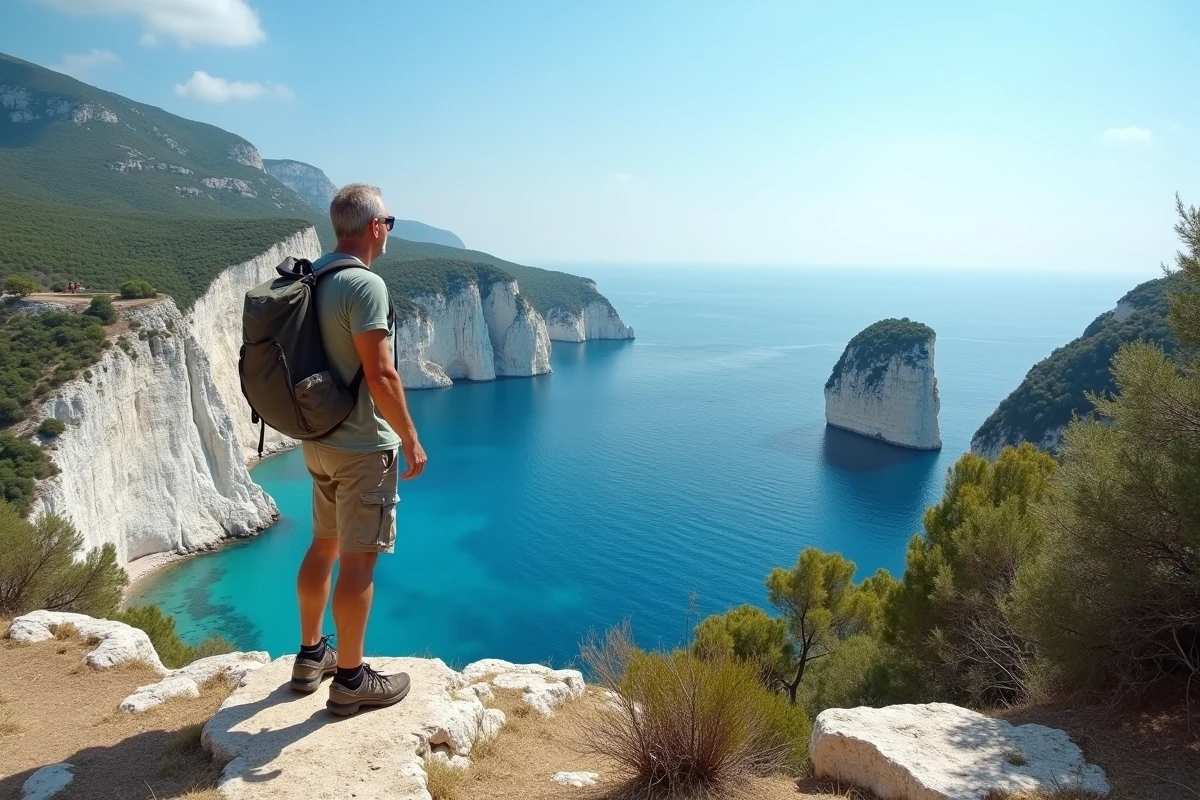 Randonneur au sommet du Cap Canaille surplombant les calanques et la mer turquoise de Cassis