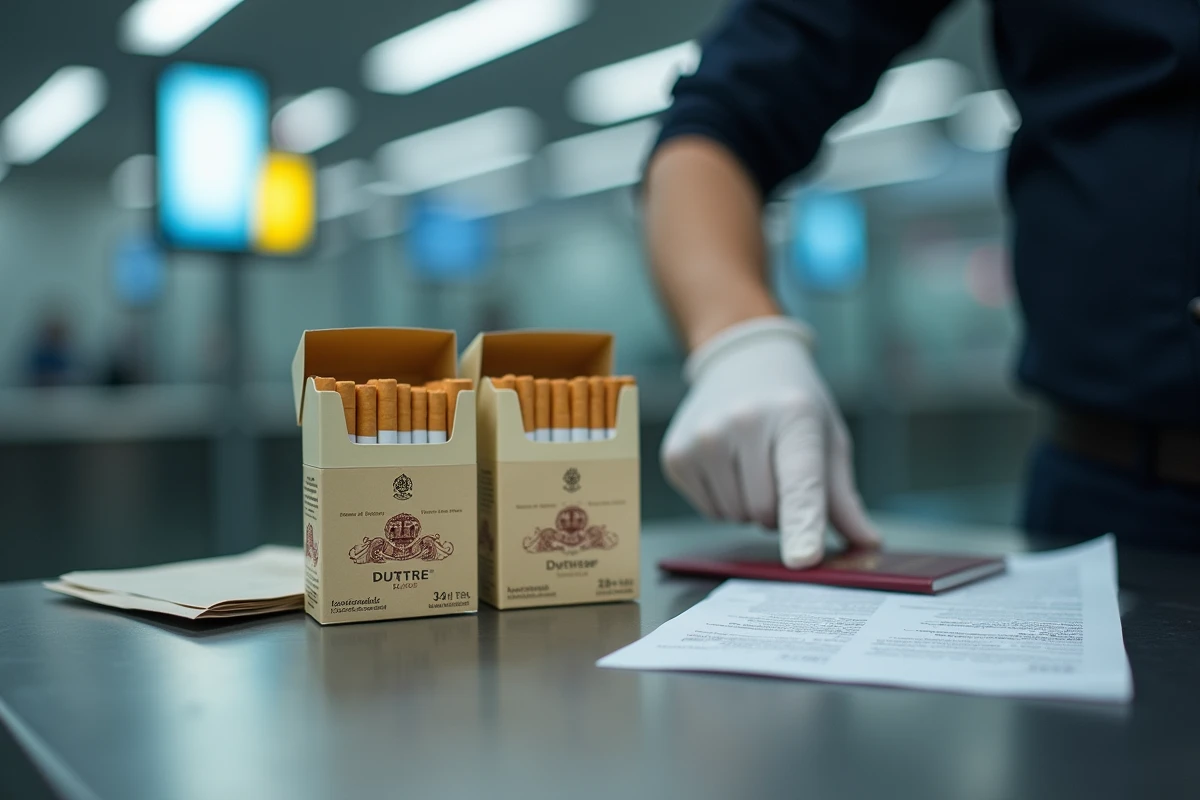 Gros plan sur des cartouches de cigarettes espagnoles avec timbres fiscaux sur une table de contrôle douanier