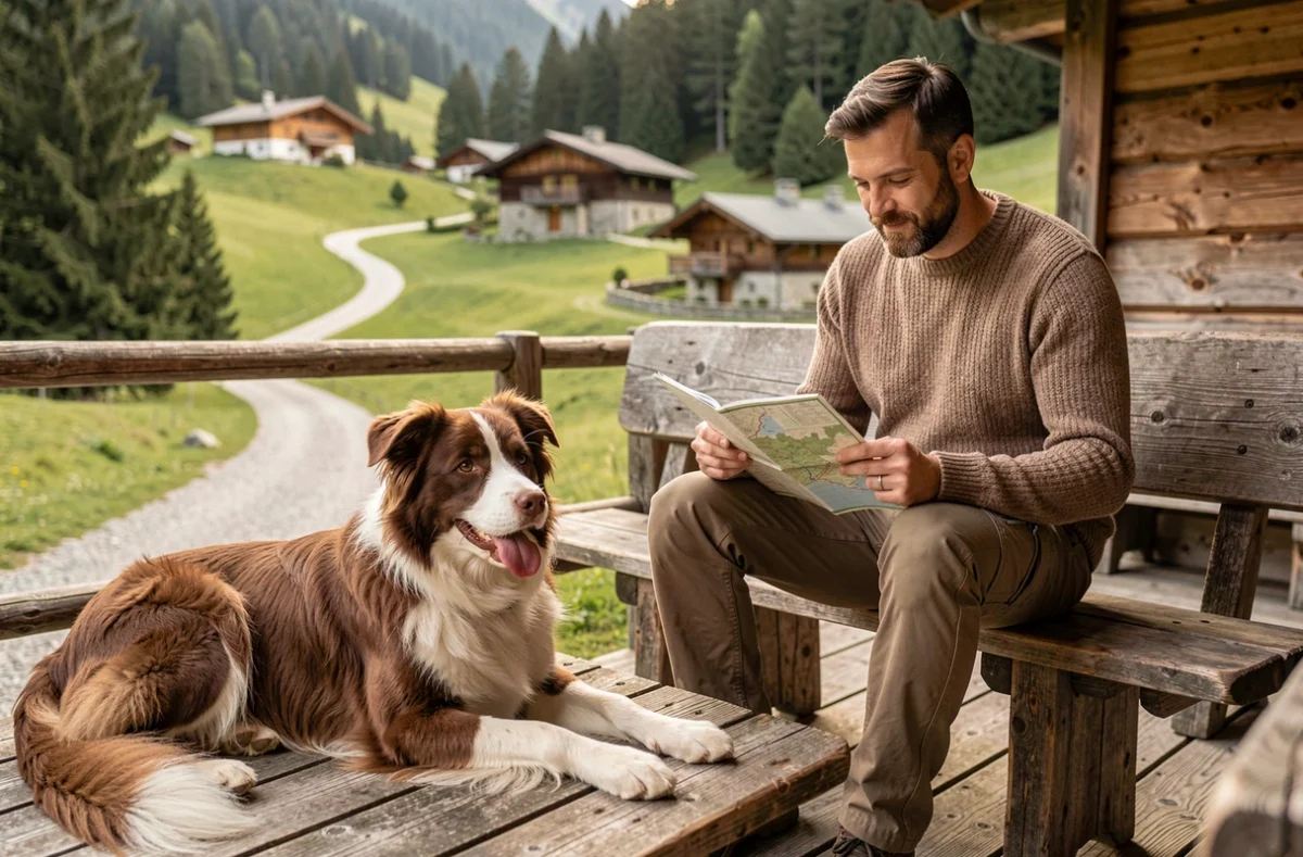 Homme et son border collie se reposant sur la terrasse d'un chalet en Vallée d'Aoste