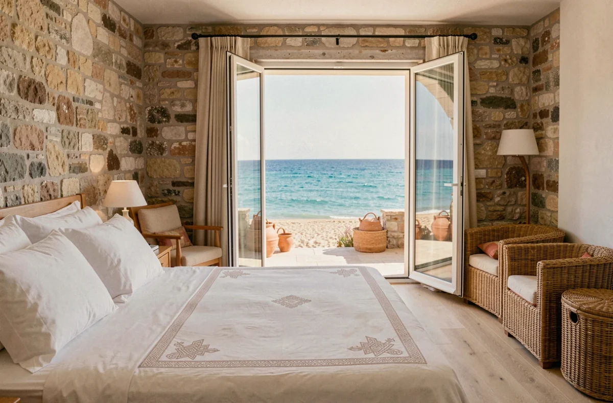 Chambre d'hôtel en Corse avec vue directe sur la plage et la mer turquoise depuis la terrasse privée