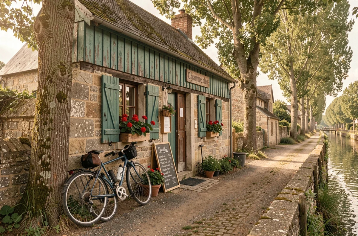 Chambre d'hôtes au bord du canal de Nantes à Brest avec vélos de voyage appuyés contre la façade en pierre bretonne