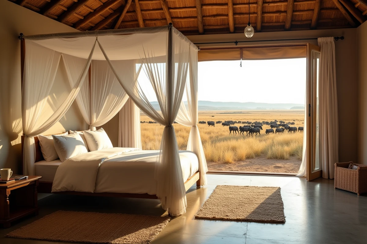 Chambre intérieure d'un lodge permanent au Serengeti avec moustiquaire, vue sur la savane et troupeaux de gnous