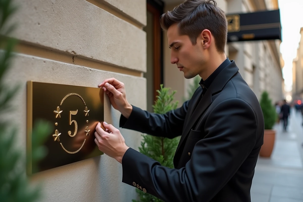 Jeune concierge fixant une plaque sur la façade de l