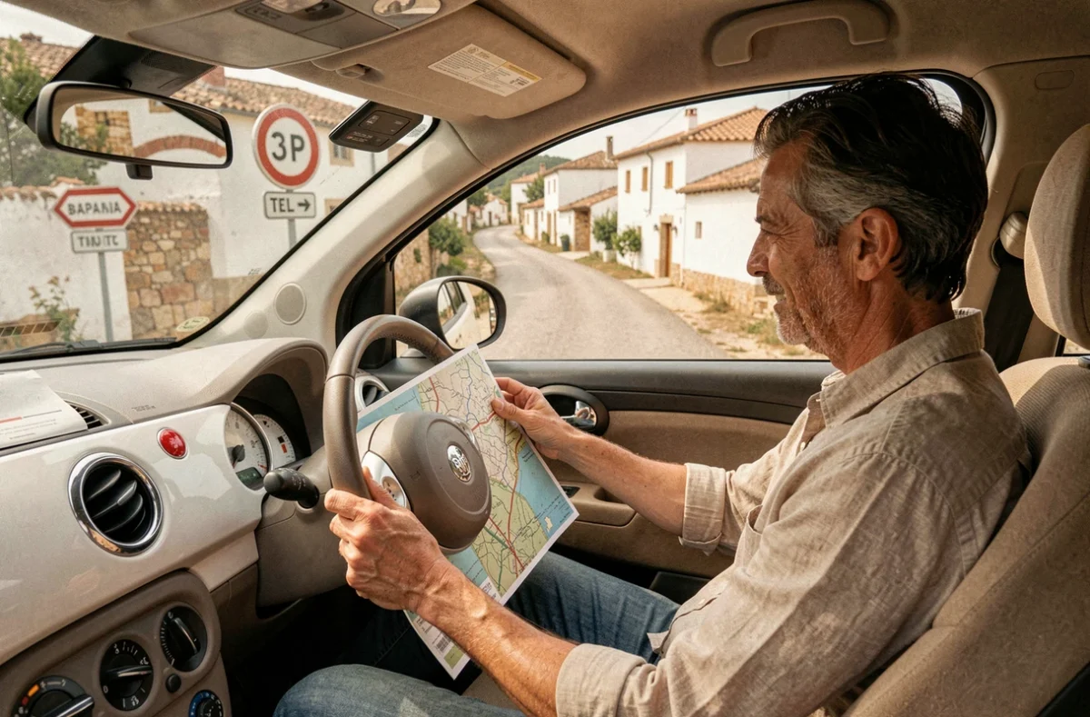 Conducteur consultant une carte routière en Espagne pour choisir entre autoroute gratuite et route nationale