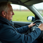 Homme néerlandais conduisant une voiture moderne en campagne