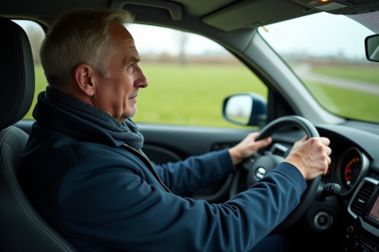 Homme néerlandais conduisant une voiture moderne en campagne