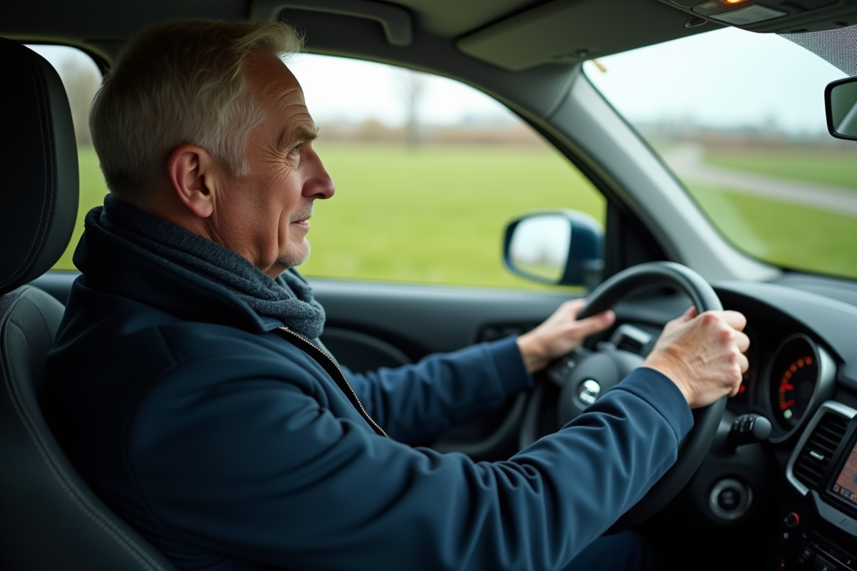 Homme néerlandais conduisant une voiture moderne en campagne