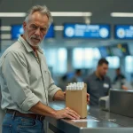 Voyageur posant une cartouche de cigarettes sur le tapis du contrôle douanier à l'aéroport