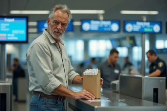 Voyageur posant une cartouche de cigarettes sur le tapis du contrôle douanier à l'aéroport