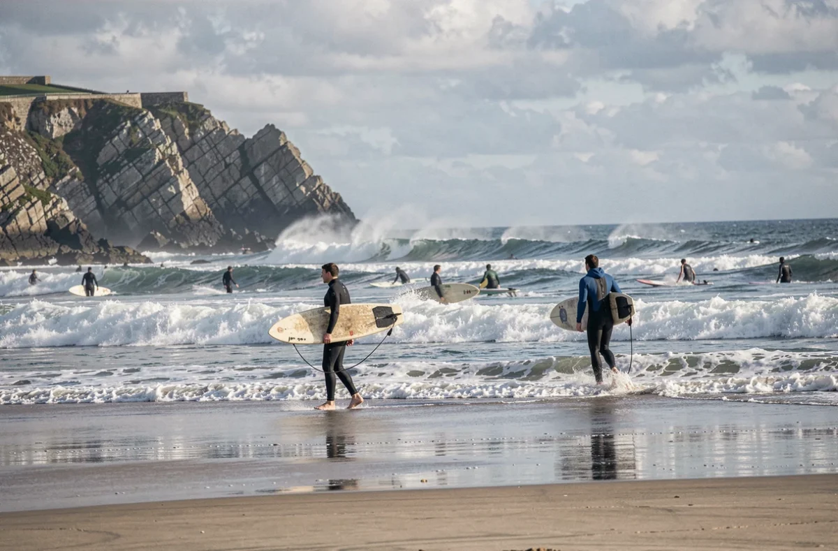 Des surfeurs portant leurs planches sur la Côte des Basques à Biarritz avec les falaises rocheuses en arrière-plan