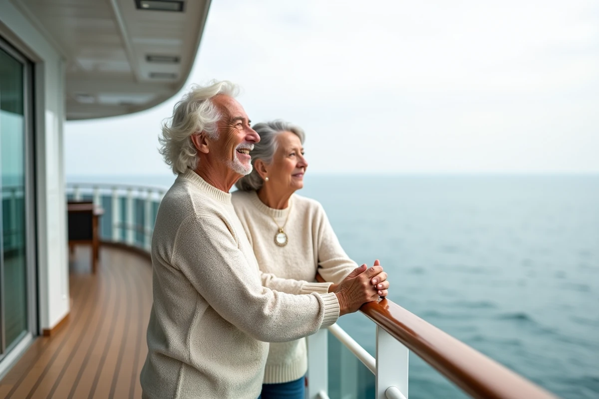 Couple souriant sur le balcon d’un navire en mer