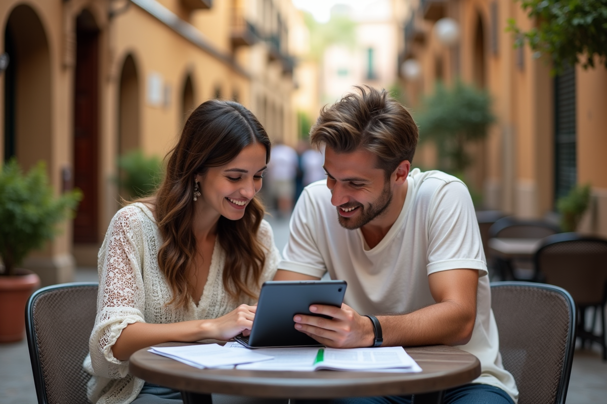 Jeune couple regardant leur assurance voyage au café à Séville