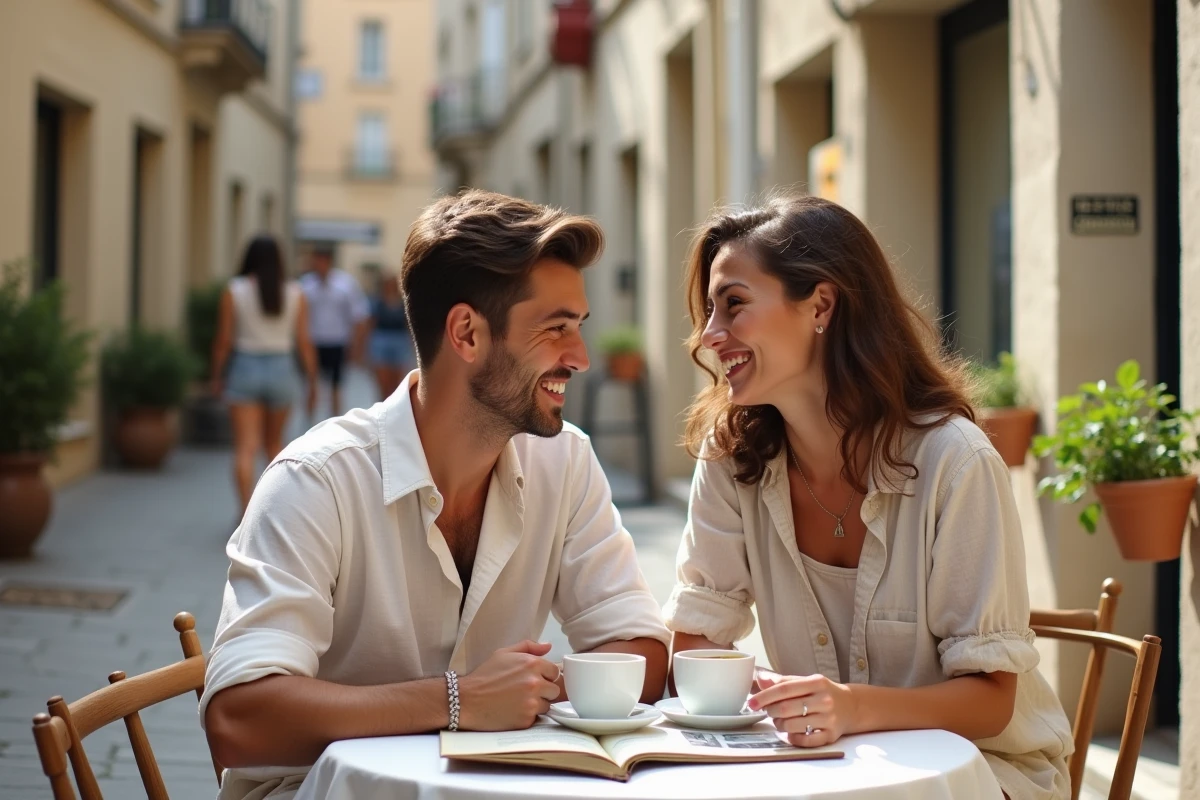 Couple en vacances à la terrasse d'un café dans un village côtier français, profitant de bonnes vacances estivales