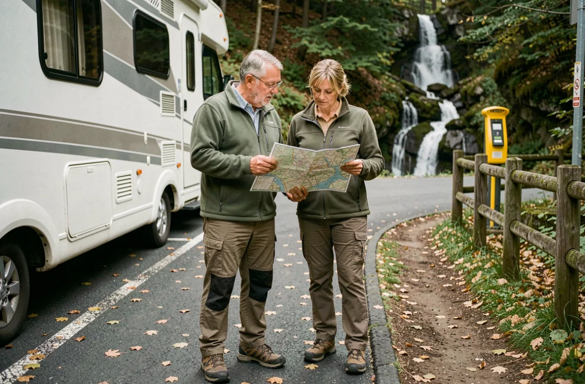 Couple de campeurs consultant une carte devant leur camping-car sur un parking payant près de la cascade du Hérisson
